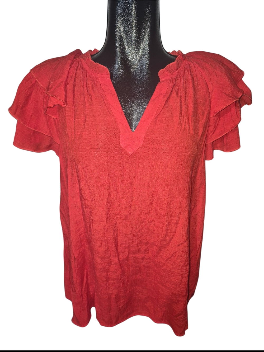 Nanette Lepore Women's Red Ruffle Short Sleeve V-Neck Top Size L
